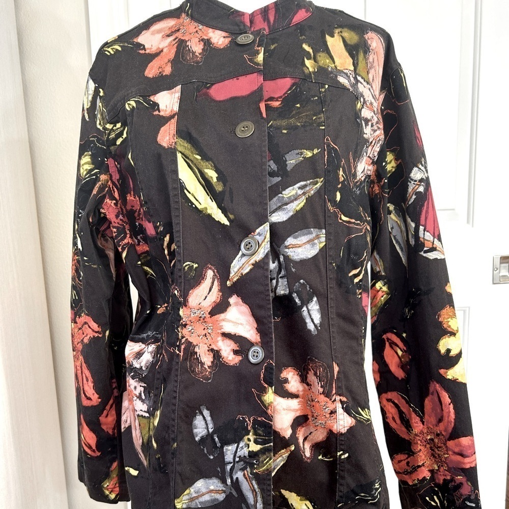 Chico’s Additions Black Floral Button Up Jacket Size 3